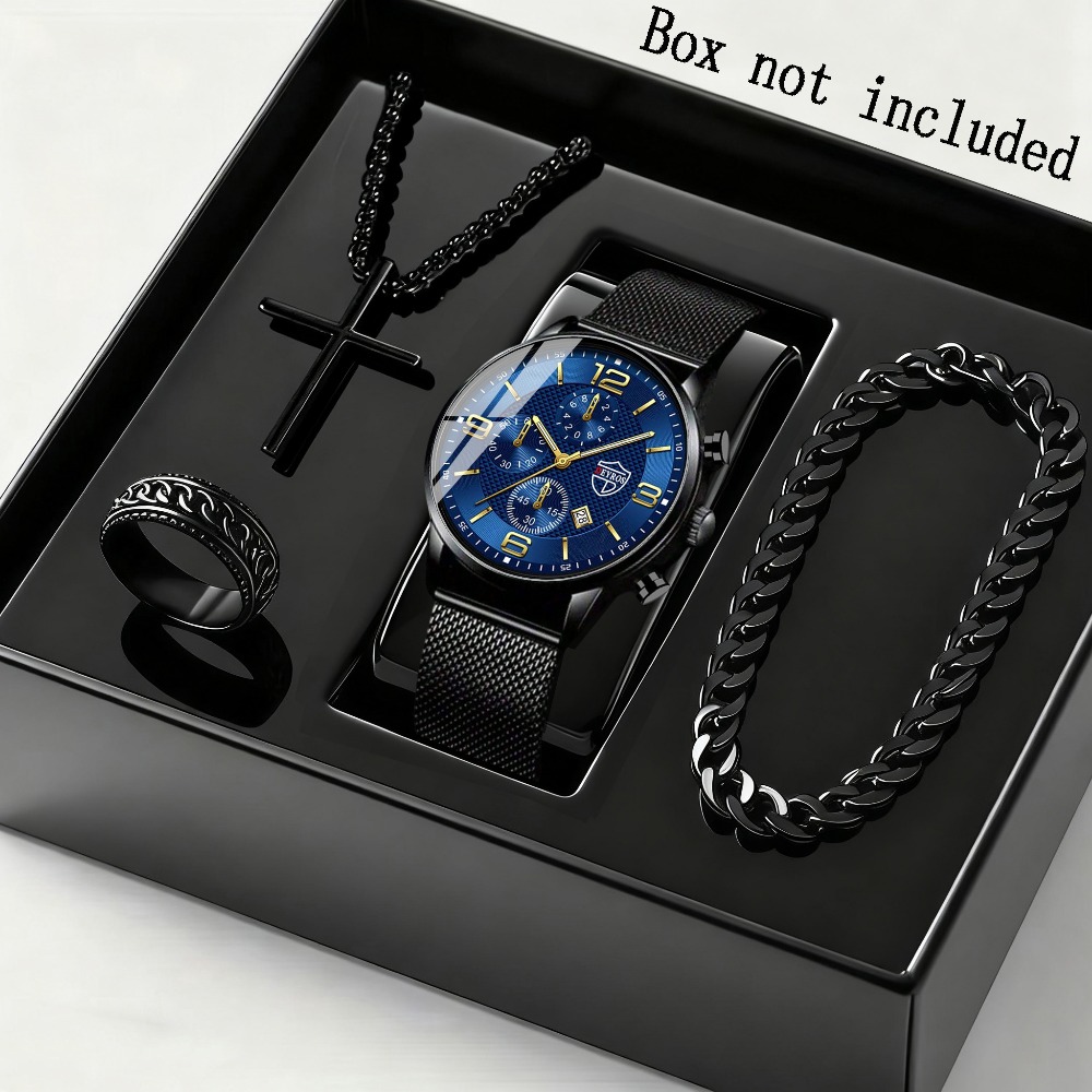 Men Accessories Elegant - مجموعة من 4 قطع: ساعة كوارتز