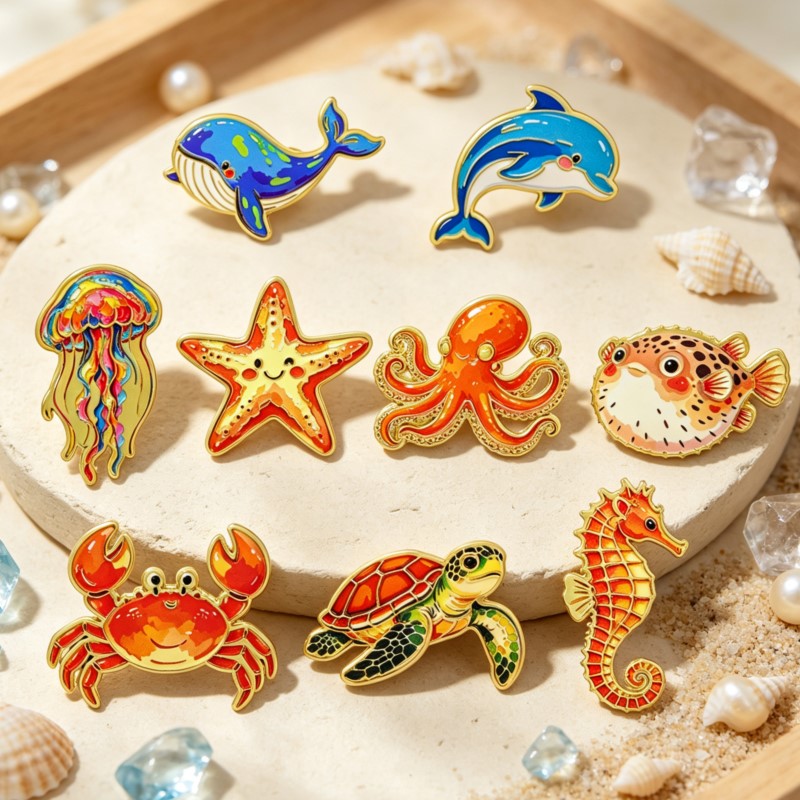 Lapel Pin Enamel - دبوس مينا ملون بتصميم حيوانات بحرية،
